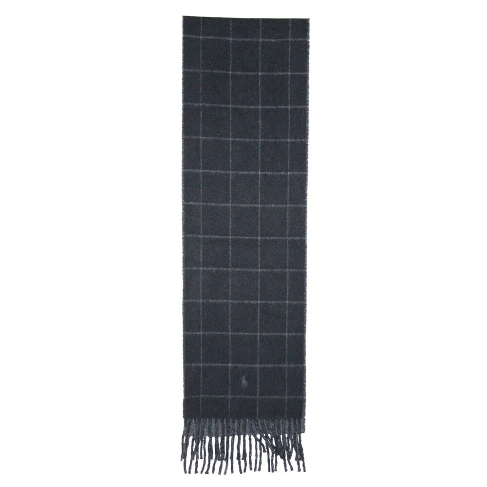 Polo Ralph Lauren Made Italy Men Women Scarf Black Gray Plaid Reversible Vintage